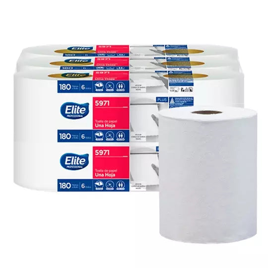 Toalla en rollo color blanco Elite, caja con 6 rollos de 180 mts de largo