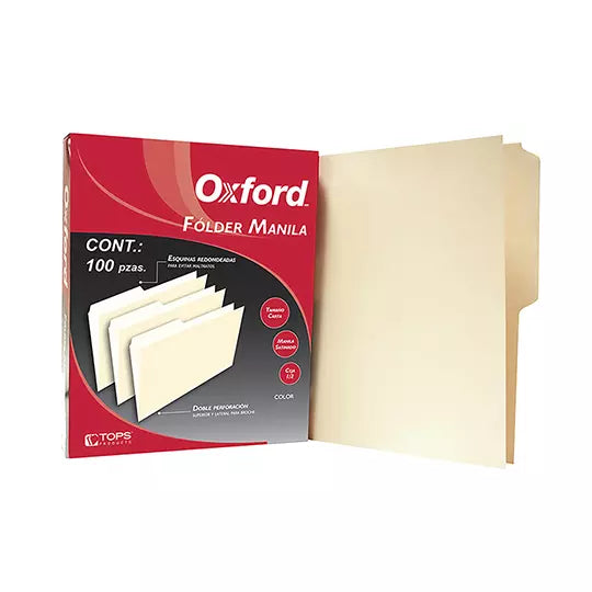 Folder manila Oxford carta color crema c eja 1/2 caja con 100 pzas