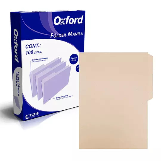 Folder manila Oxford oficio color crema ceja 1/2 caja con 100 pzas