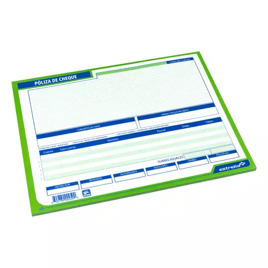PÓLIZA CHEQUE 1/2 CARTA BLOCK CON 50 HOJAS