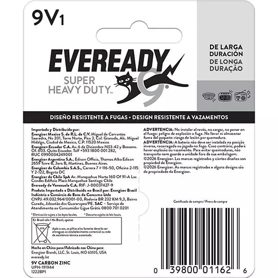 Pila EVEREADY 9V blister con 1 pila .
