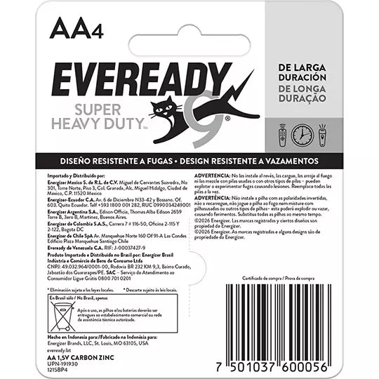 Pila EVEREADY AA blister con 4 pilas .