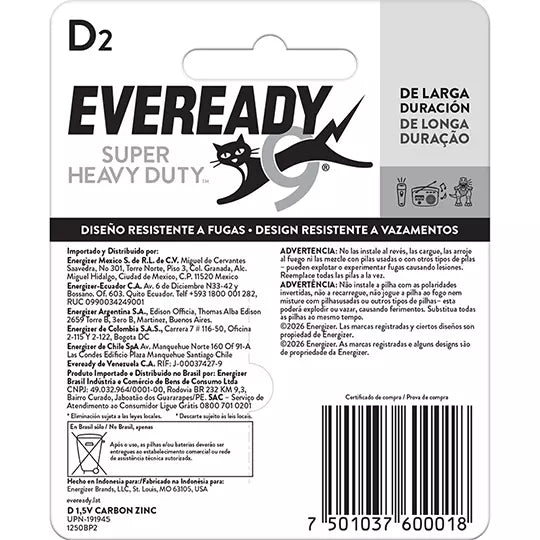 Pila EVEREADY D blister con 2 pilas.