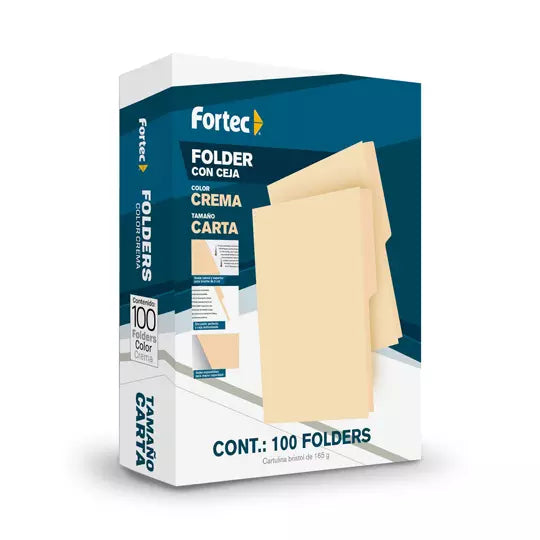 Folder manila económico Fortec carta col or crema ceja 1/2 caja con 100 pzas