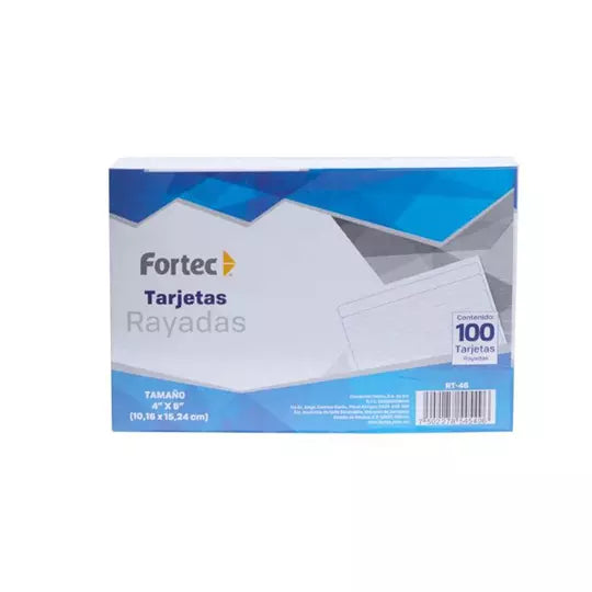 Tarjeta índice Fortec rayada 10.16 x 15. 24 cm paquete con 100 pzas