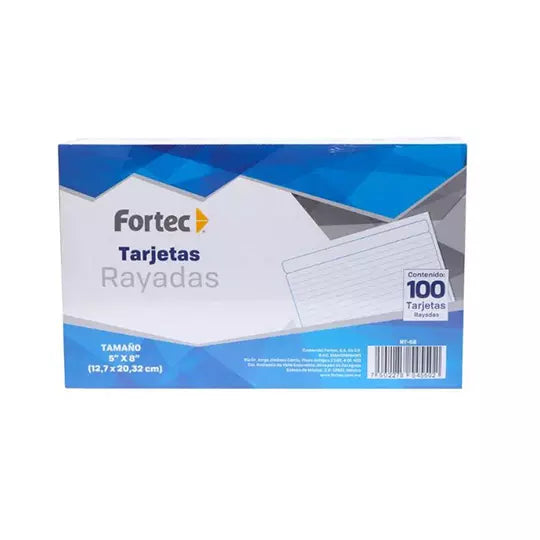 Tarjeta índice Fortec rayada 12.7 x 20.3 2 cm paquete con 100 pzas