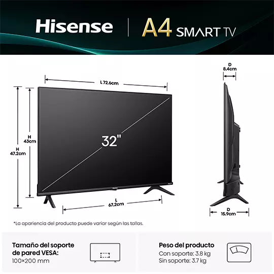 Smart LED-LCD TV Hisense 32A4NR 81.3cm - HDTV - LED Retroiluminación - Roku - 1366 x 768 Resolución