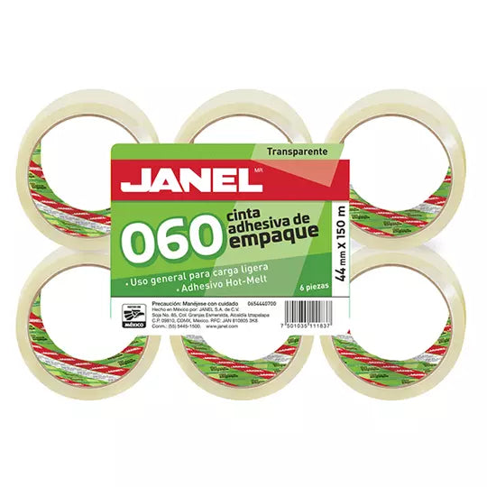 Cinta de empaque línea 060 transparente JANEL 44x150 con 6 piezas