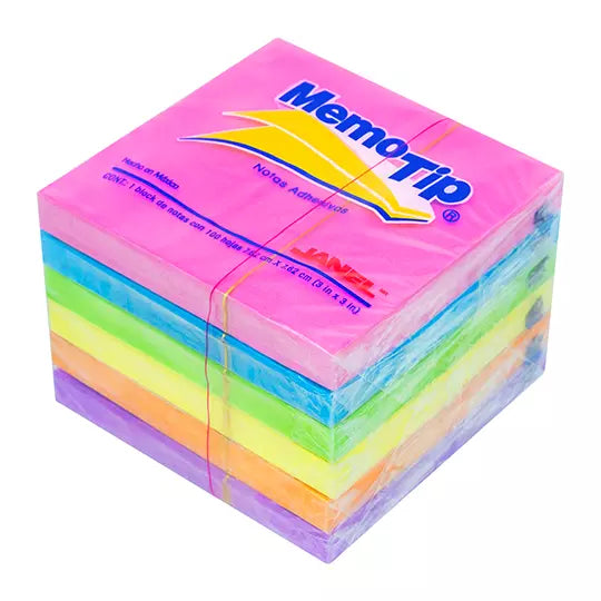 NOTAS ADHESIVAS JANEL MEMO TIP NEON 3X3 100H C/6 PIEZAS