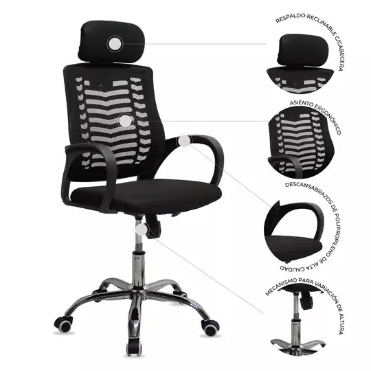 Silla directiva MUNDO IN 108A respaldo e n malla y asiento en tela con cabecera