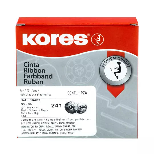 Cinta para calculadora Kores modelo 241, 12.7 mm x 4m, color negro-rojo, 1 pieza