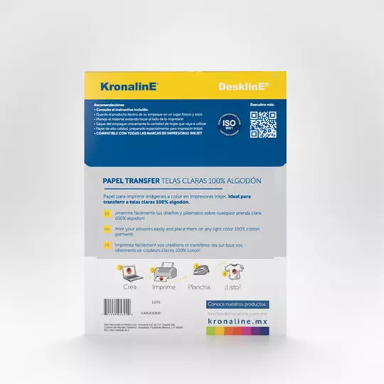 Papel transfer Kronaline para tela clara tamaño carta paquete con 10 hojas