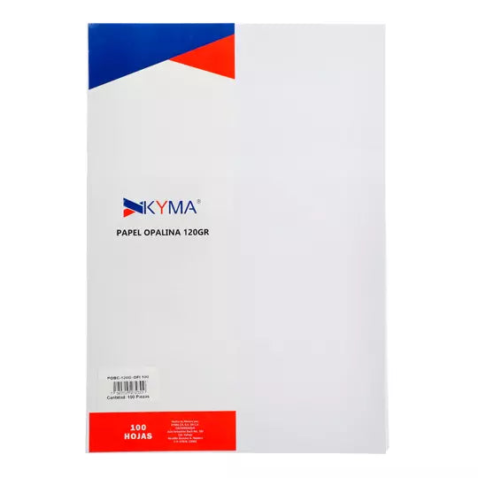 Paquete de papel opalina blanco 120gr Ky ma, tamaño oficio, paquete 100 hs