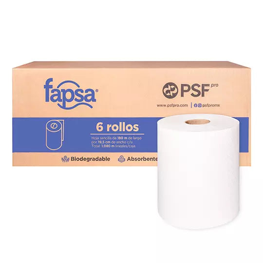 Toalla Fapsa en rollo blanca de 180 m, c aja c/ 6 bobinas
