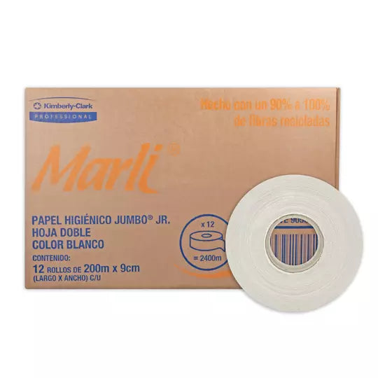 Papel higiénico blanco Marli, caja c/12 bobinas 200m jumbo jr mod 90509