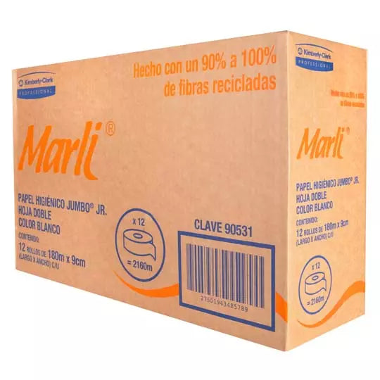 Papel Higiénico blanco Marli, caja c/12b obinas 180m jr mod 90531