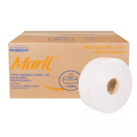 Papel Higiénico blanco Marli, caja c/ 6 bobinas 400m jumbo mod 90510