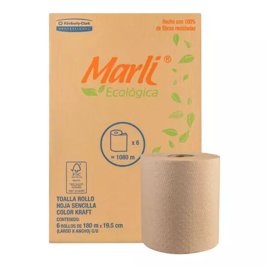 Toalla en rollo kraft Marli de 180 m, ca ja c/ 6 bobinas