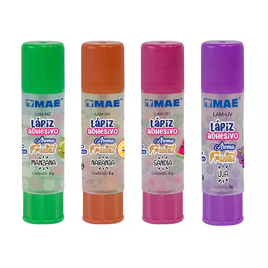 Lapiz adhesivo marca MAE transparente co n aroma frutal, 4 pzas