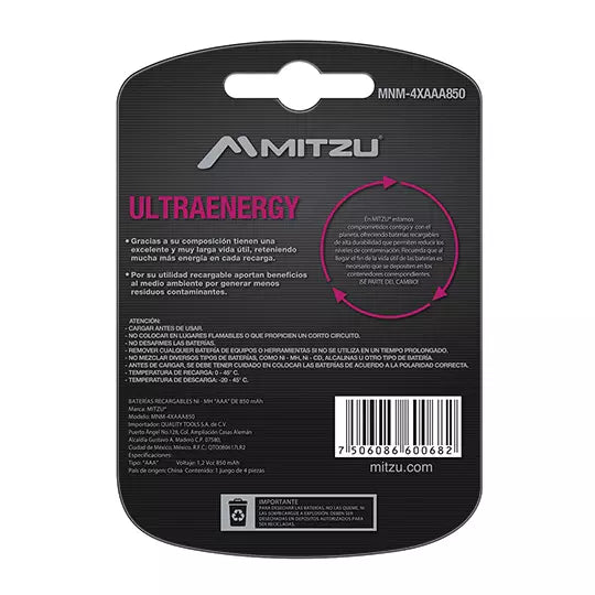 Pila recargable MITZU Ultraenergy AAA Ni -MH 850 mAh, blíster con 4 pilas
