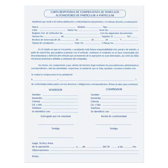 Carta responsiva Pinos Altos "Contrato d e Compra-Venta", carta, block c/50 ho