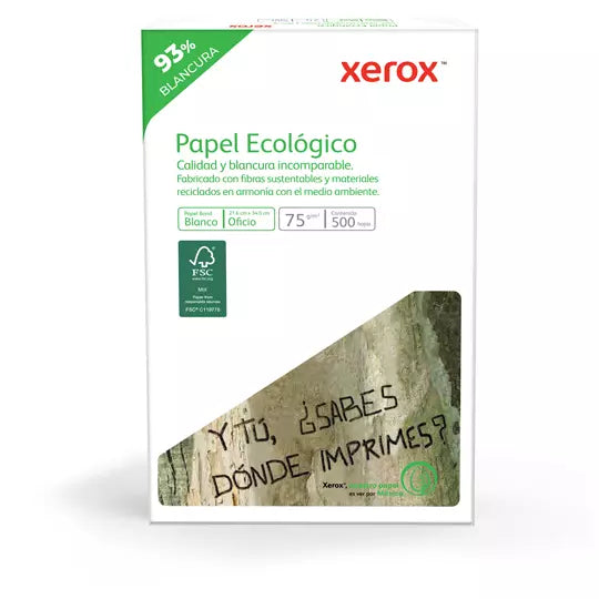 Caja de papel bond Ecológico XEROX tamañ o oficio 93% de blancura 75gr.