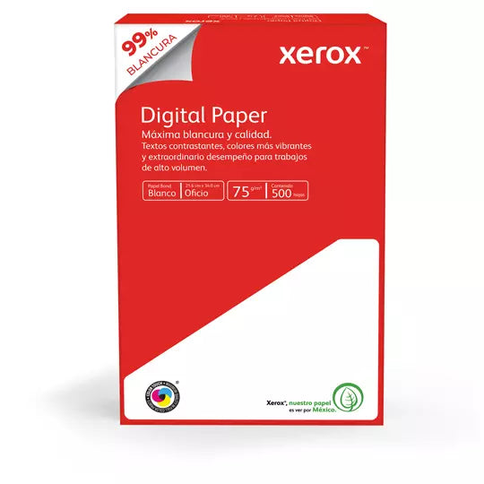 Caja de papel bond Rojo Xerox tamaño ofi cio 99% de blancura 75gr.