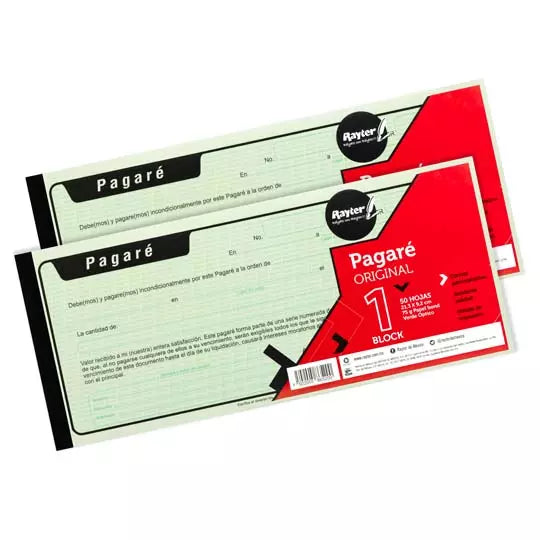 Pagare Rayter, 1/3 de carta, papel verde , block 50 hojas blíster con 2