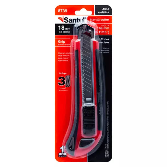 Cutter profesional SANTUL con alma metál ica de 15 cm de largo y navaja de 18mm
