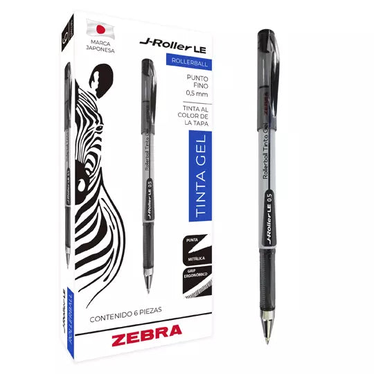 Bolígrafo de gel ZEBRA J-Roller LE punto fino 0.5 mm color negro caja con 6 pz