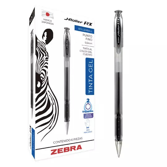 Bolígrafo de gel ZEBRA J-Roller RX punto fino 0.5 mm color negro caja con 6 pz