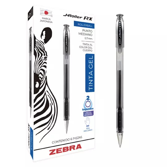 Bolígrafo de gel ZEBRA J-Roller RX punto mediano 0.7 mm color negro caja con 6 p
