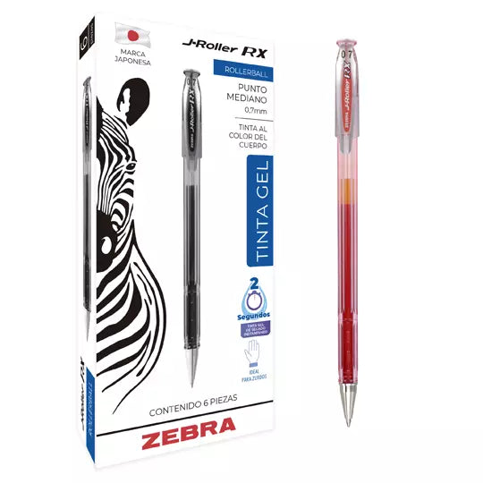 Bolígrafo de gel ZEBRA J-Roller RX punto mediano 0.7 mm color rojo caja con 6 pz