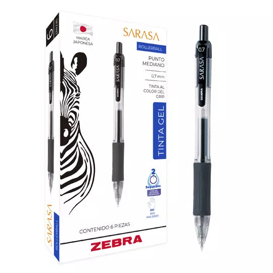 Bolígrafo de gel ZEBRA SARASA punto medi ano 0.7 mm color negro caja con 6 pz