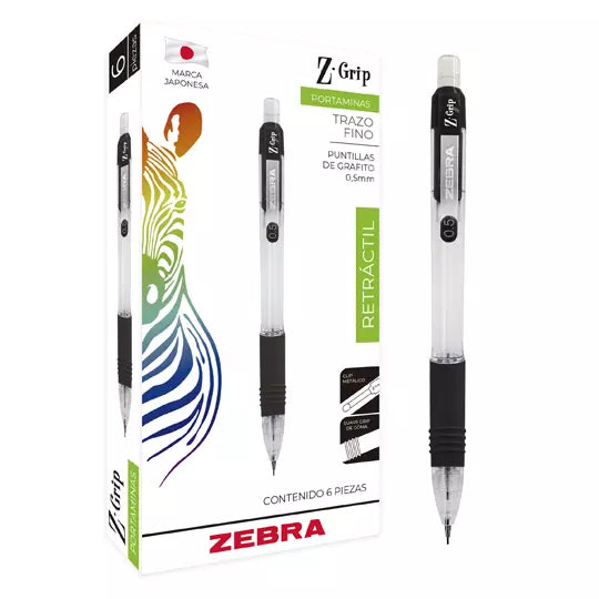 Portaminas ZEBRA Z Grip punto fino 0.5 m m color de cuerpo negro caja con 6 pz