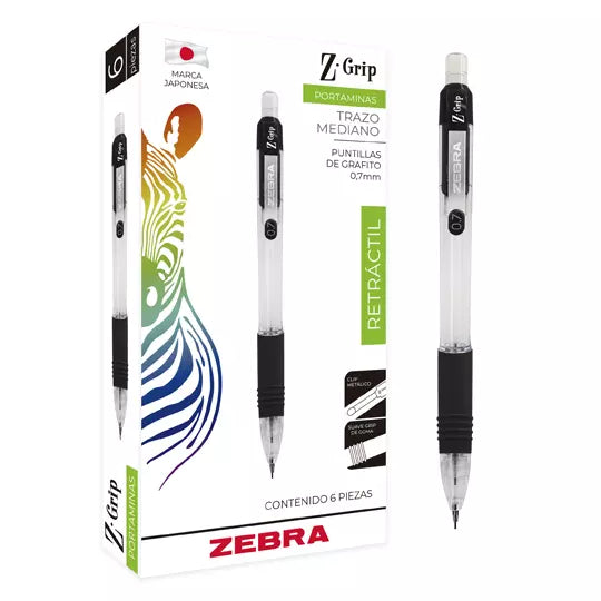 Portaminas ZEBRA Z Grip punto mediano 0. 7 mm color de cuerpo negro caja con 6 pz
