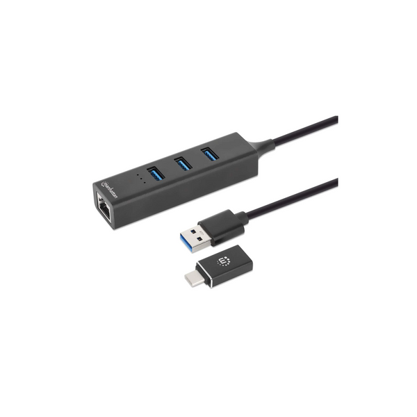 Adaptador de Red Manhattan USB A/C con Hub V3 Color Negro