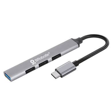 BROBOTIX HUB USB 3.0 CON 4 PUERTOS USB-A, CONECTOR TIPO C, PLUG AND PLAY. COLOR PLATA