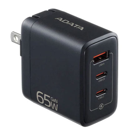 CARGADOR ADATA USB DE PARED 65W GAN 2PUERTO USB TIPO C 1 PUERTO USB A ENCHUFE PLEGABLE NEGRO