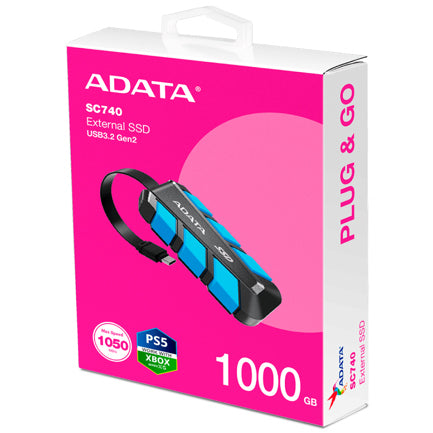 SSD EXTERNO ADATA SC740 1TB. USB TIPO C INCORPORADO 1.050 1.000 MBS LECTURA ESCRITURA RESISTENTE A CAIDAS MIL-STD. COLOR AZUL.