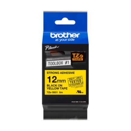 Cinta Brother TZES631 Laminada Súper Adhesiva Texto Negro Fondo Amarillo 12mmx8m