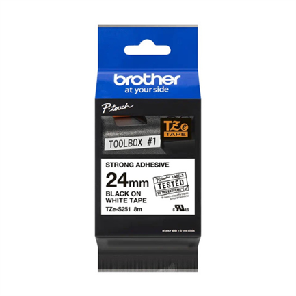 Cinta Brother TZES251 Laminada Súper Adhesiva Texto Negro Fondo Blanco 24mmx8m