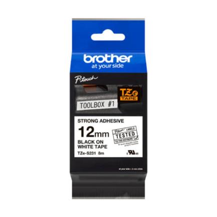 Cinta Brother TZeS231 Laminada Súper Adhesiva Texto Negro Fondo Blanco 12mmx8m