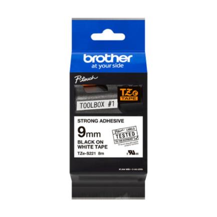 Cinta Brother TZeS221 Laminada Súper Adhesiva Texto Negro Fondo Blanco 9mmx8m