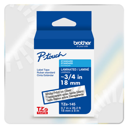 Cinta Laminada Brother Estandar Texto blanco sobre cinta transparente de 18mm x 8m