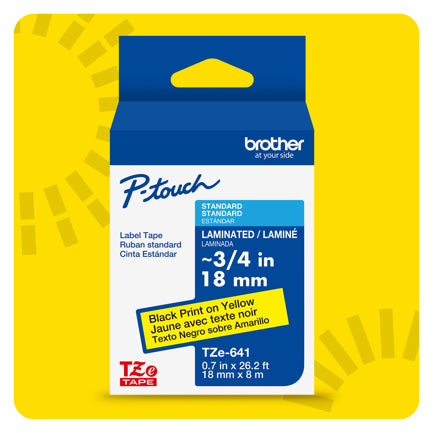Cinta Laminada Brother Estandar Texto negro sobre cinta amarilla de 18mm x 8m