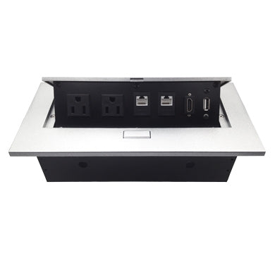 BROBOTIX CAJA PARA MESA: CORRIENTE ALIMENTACION  COLOR PLATA - Gabinete de Conectividad para Mesa con Modulo de Conexiones 1 Puerto HDMI - 1 puerto USB V2.0 - 2 Puertos RJ45 CAT6  - 2 Puertos de corriente Nema 5-15