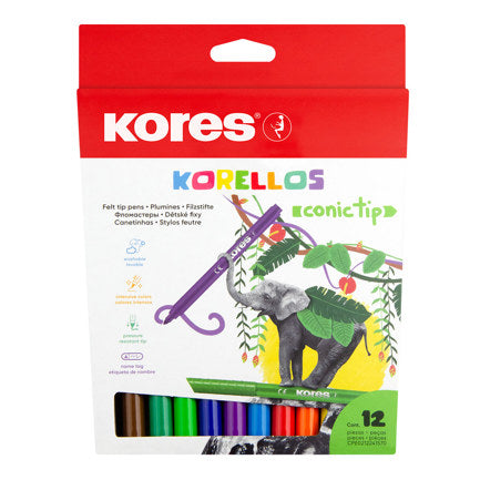 Plumones Lavables Kores Korello de Punta Cónica Estuche C/12 Colores Surtidos