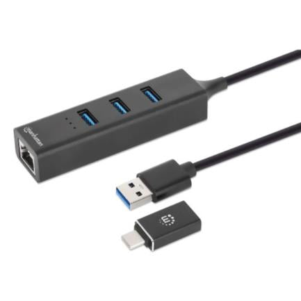 Adaptador de Red Manhattan USB A/C con Hub V3 Color Negro