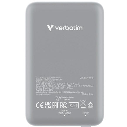 Cargador Verbatim Charge and Go Magnetico Inalámbrico Power Bank 10000 mAh Gris
